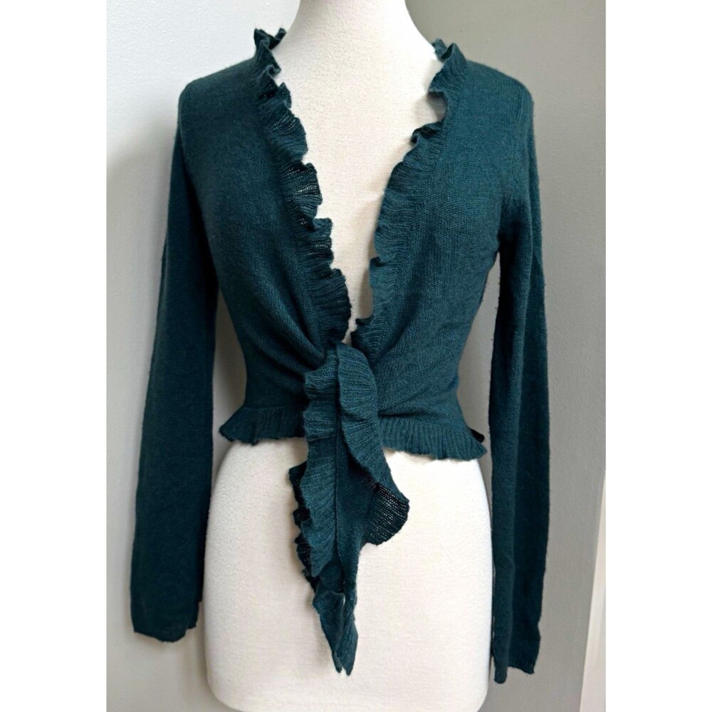 Vintage Laundry by Shelli Segal 100% Cashmere Ruffle Tie Front Wrap Cardigan~SM - Picture 2 of 13